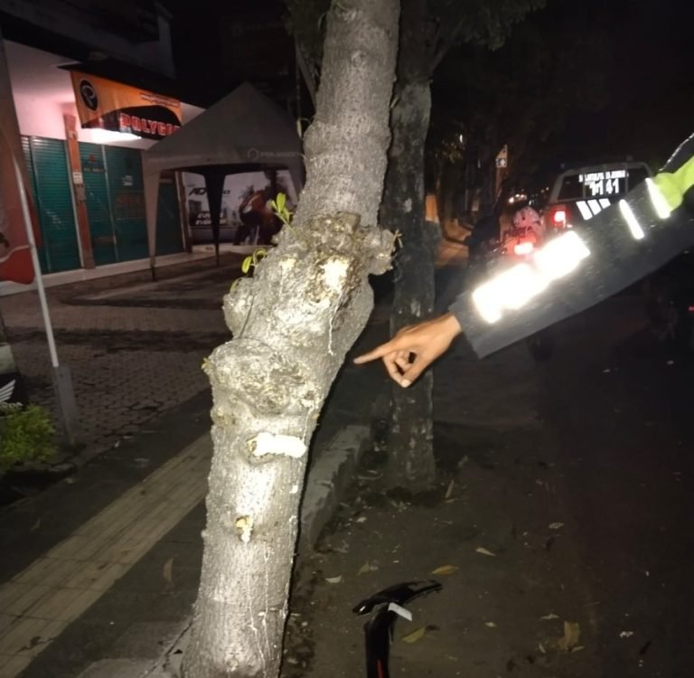 Kondisi motor korban pengendara setelah menabrak pohon perindang di wilayah jalur kota Negara, tepatnya di jalan Ngurah Rai, Kelurahan Dauhwaru, Jembrana, Rabu 5 Juli 2023 dini hari