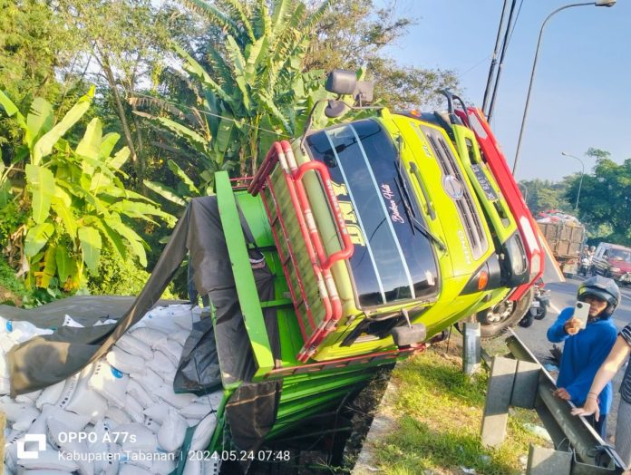 Ditinggal kencing oleh sopir, truk bermuatan pakan ternak melaju mundur dan masuk ke jurang di Jalan Jurusan Denpasar-Gilimanuk