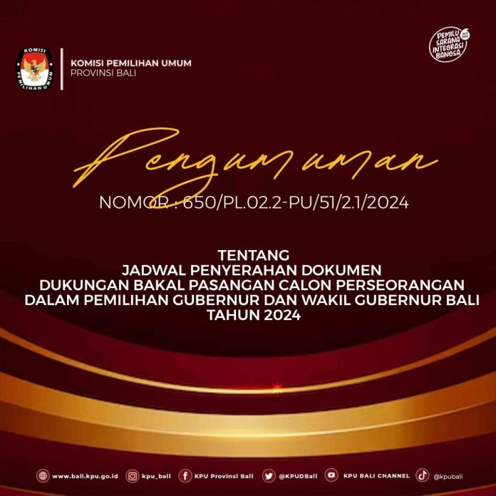 KPU Provinsi Bali Rilis Jadwal Penyerahan Dokumen Dukungan Paslon Perseorangan Gubernur dan Wakil Gubernur 2024