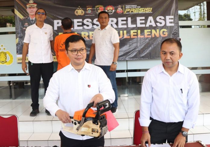Kasatreskrim Polres Buleleng AKP Arung Wiratama saat menunjukkan barang bukti berupa mesin Senso yang digunakan tersangka menebang pohon sonokeling di Banjar Dinas Yeh Mas, Desa Tukadsumaga, Kecamatan Gerokgak, Buleleng.