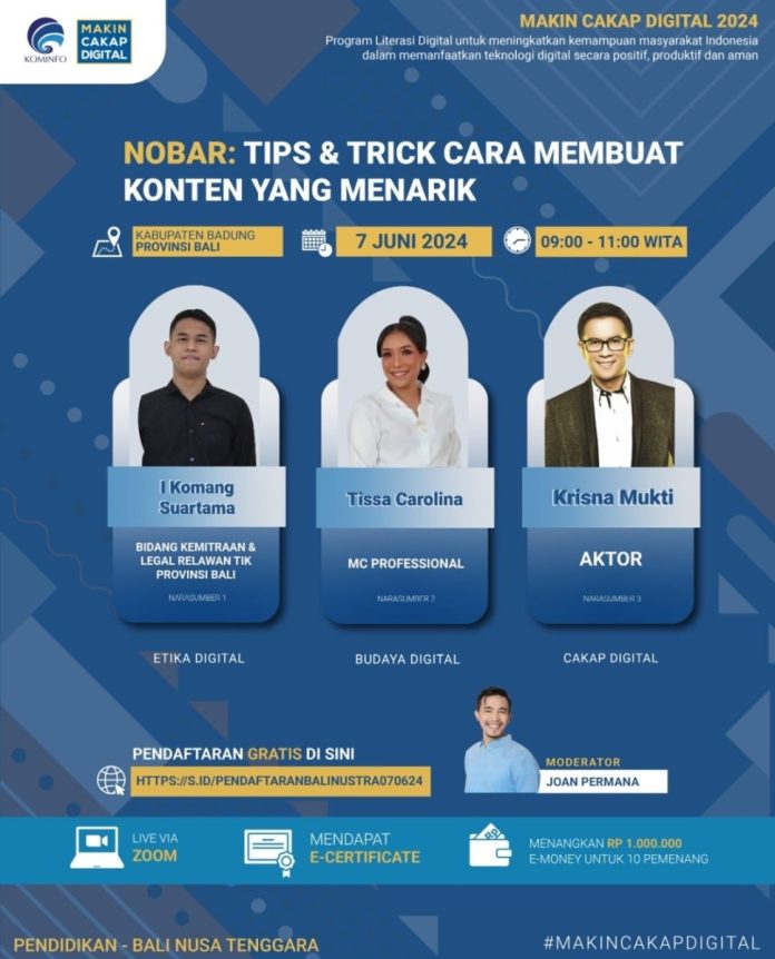 Kementerian Komunikasi dan Informatika (Kemkominfo) RI akan menggelar webinar literasi digital untuk segmen pendidikan di Kabupaten Badung