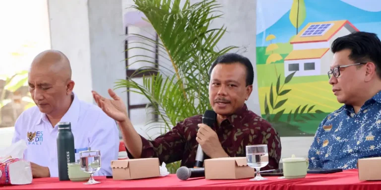 Sekretaris Daerah Provinsi Bali, Dewa Made Indra, saat meresmikan pemanfaatan Pembangkit Listrik Tenaga Surya (PLTS) Atap di tiga desa yang digagas oleh Institute for Essential Services Reform (IESR)