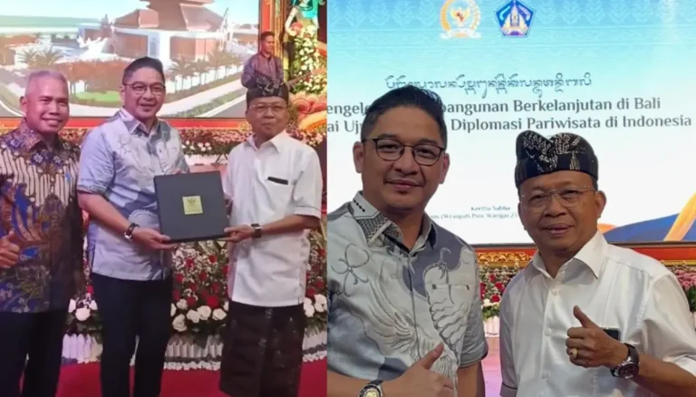 Pasha Ungu dengan penuh hormat menyerahkan bingkisan dari DPR RI kepada Gubernur Bali Wayan Koster sebagai ungkapan terima kasih atas penerimaan dan keramahan beliau selama kunjungan di Denpasar.