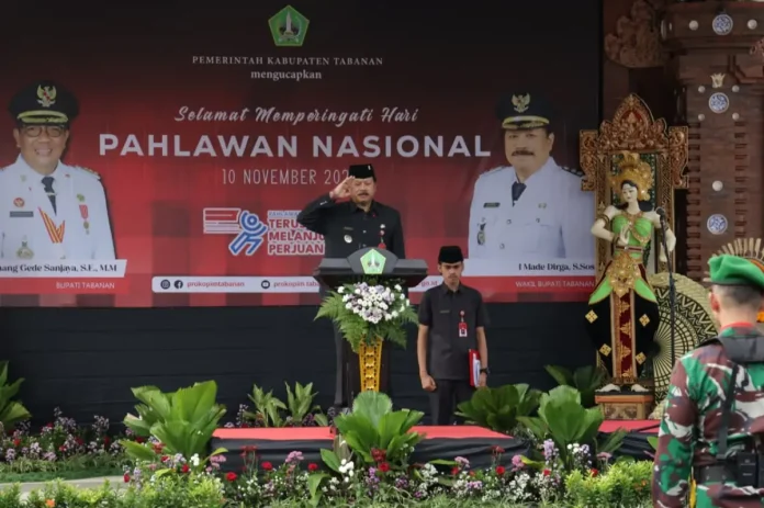 Wabup Tabanan I Made Dirga memimpin peringatan Hari Pahlawan ke-80 dengan tema “Pahlawan Teladanku”, mengajak masyarakat meneladani semangat pengorbanan para pahlawan melalui dedikasi dan pengabdian nyata.