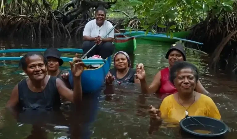 Aktivitas perempuan Enggros di Hutan Perempuan, hutan mangrove adat yang pulih setelah penanaman lebih dari 8.000 bibit mangrove dan kegiatan bersih pantai yang menurunkan sampah hingga 30%. Pemulihan ini mengembalikan ketersediaan kerang dan kepiting sebagai sumber pangan dan pendapatan harian keluarga.
