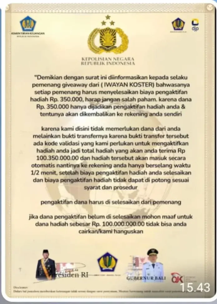Pemerintah Provinsi Bali mengeluarkan peringatan kepada masyarakat terkait maraknya aksi penipuan yang mencatut nama Gubernur Bali.