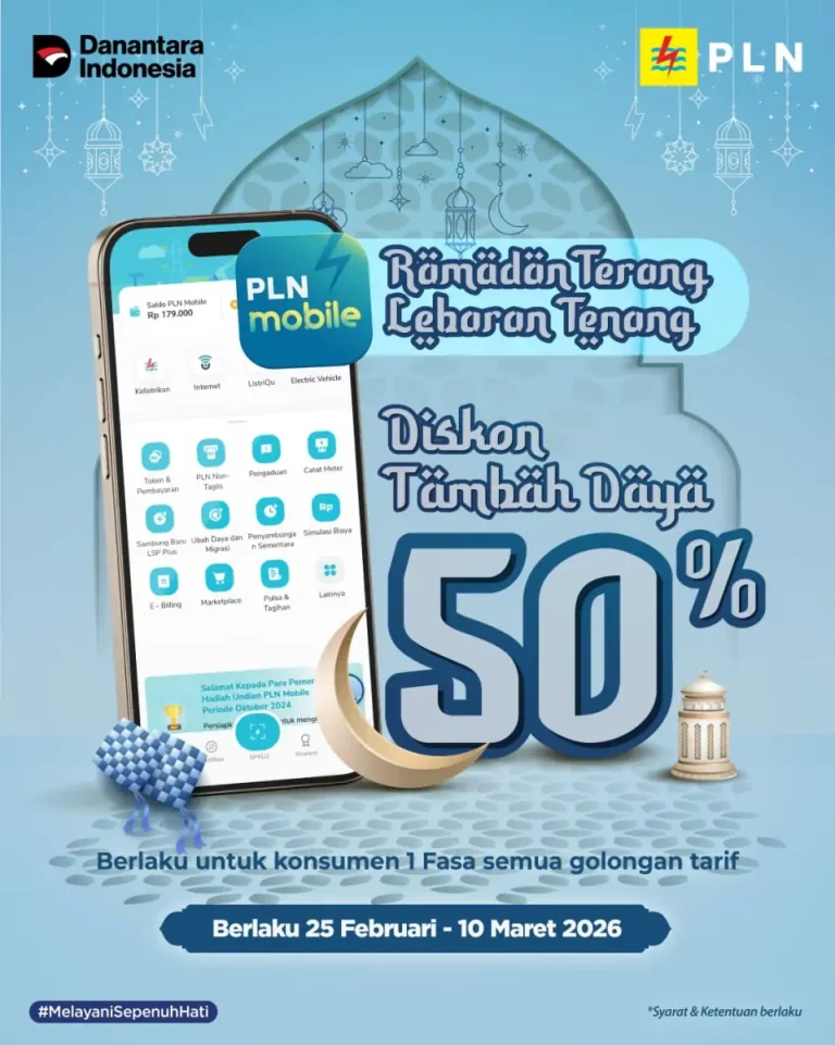 Flyer program "Ramadan Terang Lebaran Tenang" menghadirkan diskon 50% tambah daya yang dapat dinikmati pelanggan PLN melalui aplikasi PLN mobile.