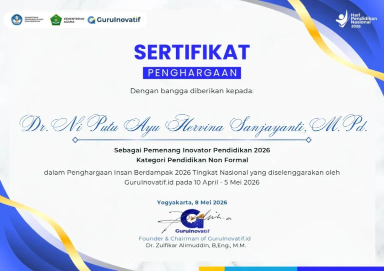 Pendidik asal Buleleng, Dr. Ni Putu Ayu Hervina Sanjayanti, sukses meraih penghargaan Inovator Pendidikan Nasional 2026 melalui inovasi pendidikan berbasis Tri Hita Karana.