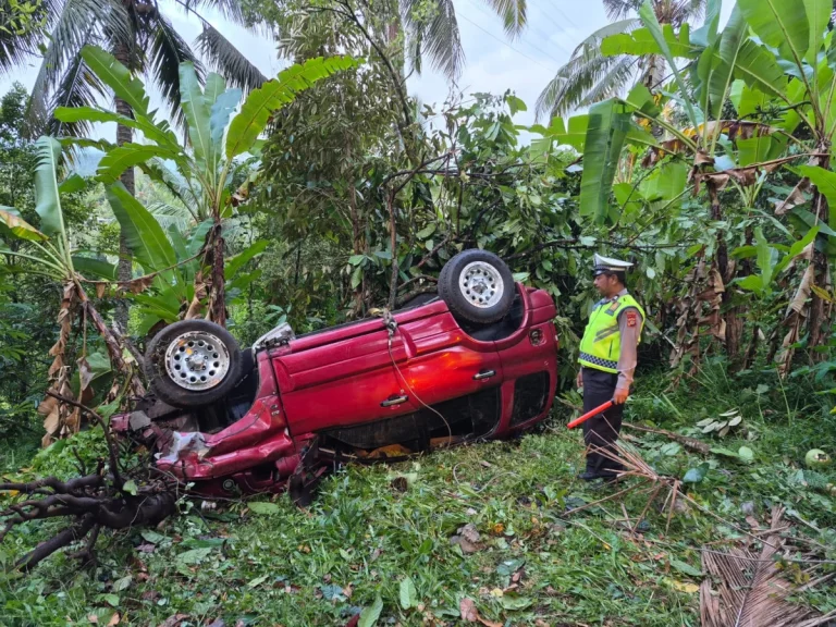 Kondisi mobil Suzuki Escudo yang terguling usai mengalami kecelakaan tunggal di wilayah Desa Subuk, Kecamatan Busungbiu, Buleleng.