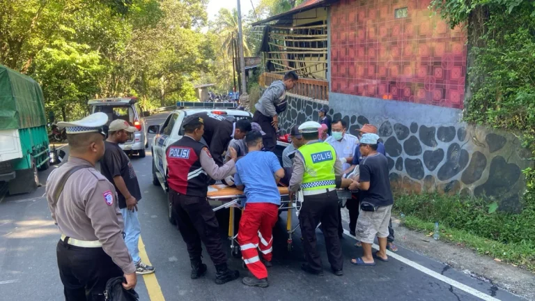 Proses evakuasi korban kecelakaan lalu lintas di jalur Singaraja-Denpasar wilayah Desa Padangbulia, Kecamatan Sukasada, Buleleng.