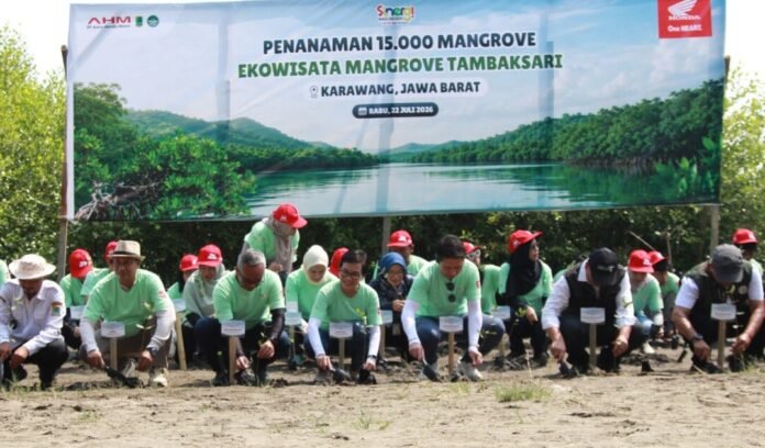 Jajaran manajemen PT Astra Honda Motor bersama Pemerintah Provinsi Jawa Barat, Pemerintah Kabupaten Karawang melakukan penanaman pohon mangrove di Kawasan Ekowisata Mangrove Tambaksari, Karawang (22/7/2026)
