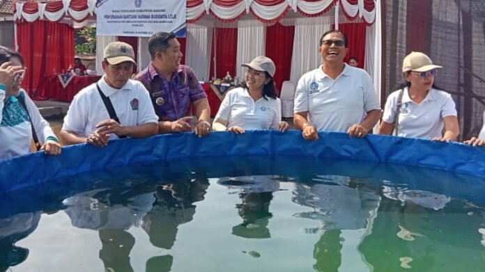 Ketua TP. PKK Badung, Nyonya Rasniathi Adi Arnawa saat menyerahkan bantuan sarana budidaya ikan lele kepada Kelompok Pembudidaya Ikan Mina Utama di Banjar Menesa, Desa Darmasaba, Kecamatan Abiansemal, Selasa (20/10). Ketua TP. PKK Badung, Nyonya Rasniathi Adi Arnawa saat menyerahkan bantuan sarana budidaya ikan lele kepada Kelompok Pembudidaya Ikan Mina Utama di Banjar Menesa, Desa Darmasaba, Kecamatan Abiansemal, Selasa (20/10).