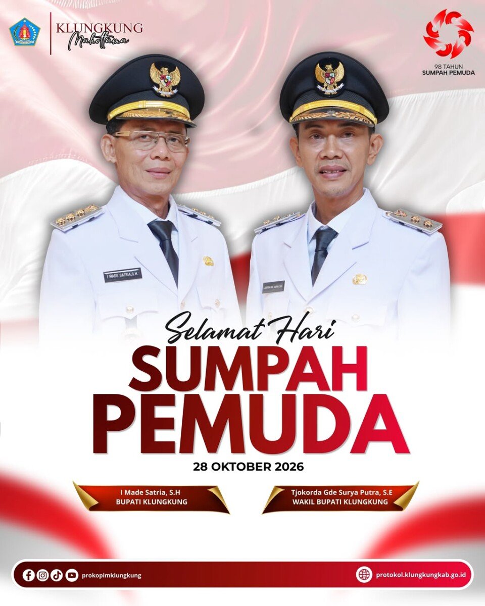 Pemkab Klungkung memperingati Hari Sumpah Pemuda ke-98 dengan mengajak generasi muda menumbuhkan semangat cinta tanah air, pantang menyerah, dan kepedulian sosial demi masa depan bangsa.