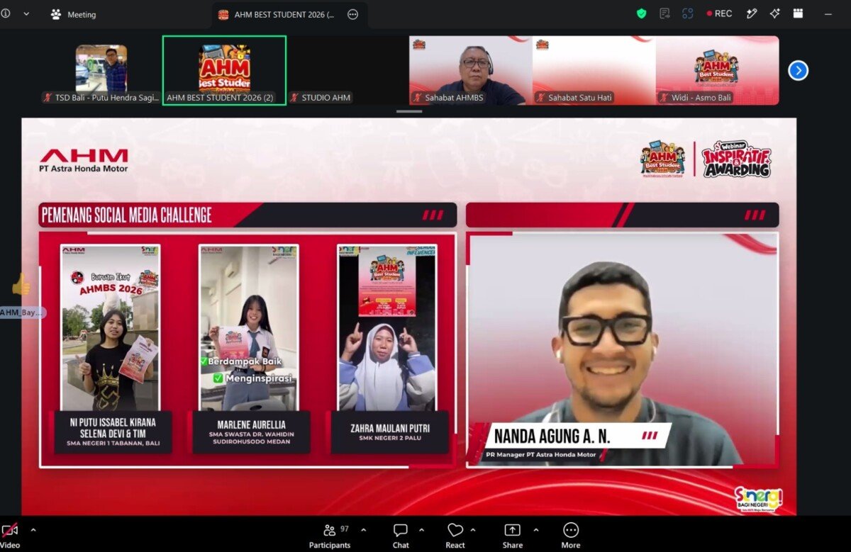 Perwakilan Astra Motor Bali, Ni Putu Issabel Kirana Selena Devi, meraih penghargaan Pemenang Favorit dan Social Media Challenge pada ajang AHM Best Student 2026 bertema “Gen Z Berkarya, Indonesia Berdaya.” Perwakilan Astra Motor Bali, Ni Putu Issabel Kirana Selena Devi, meraih penghargaan Pemenang Favorit dan Social Media Challenge pada ajang AHM Best Student 2026 bertema “Gen Z Berkarya, Indonesia Berdaya.”