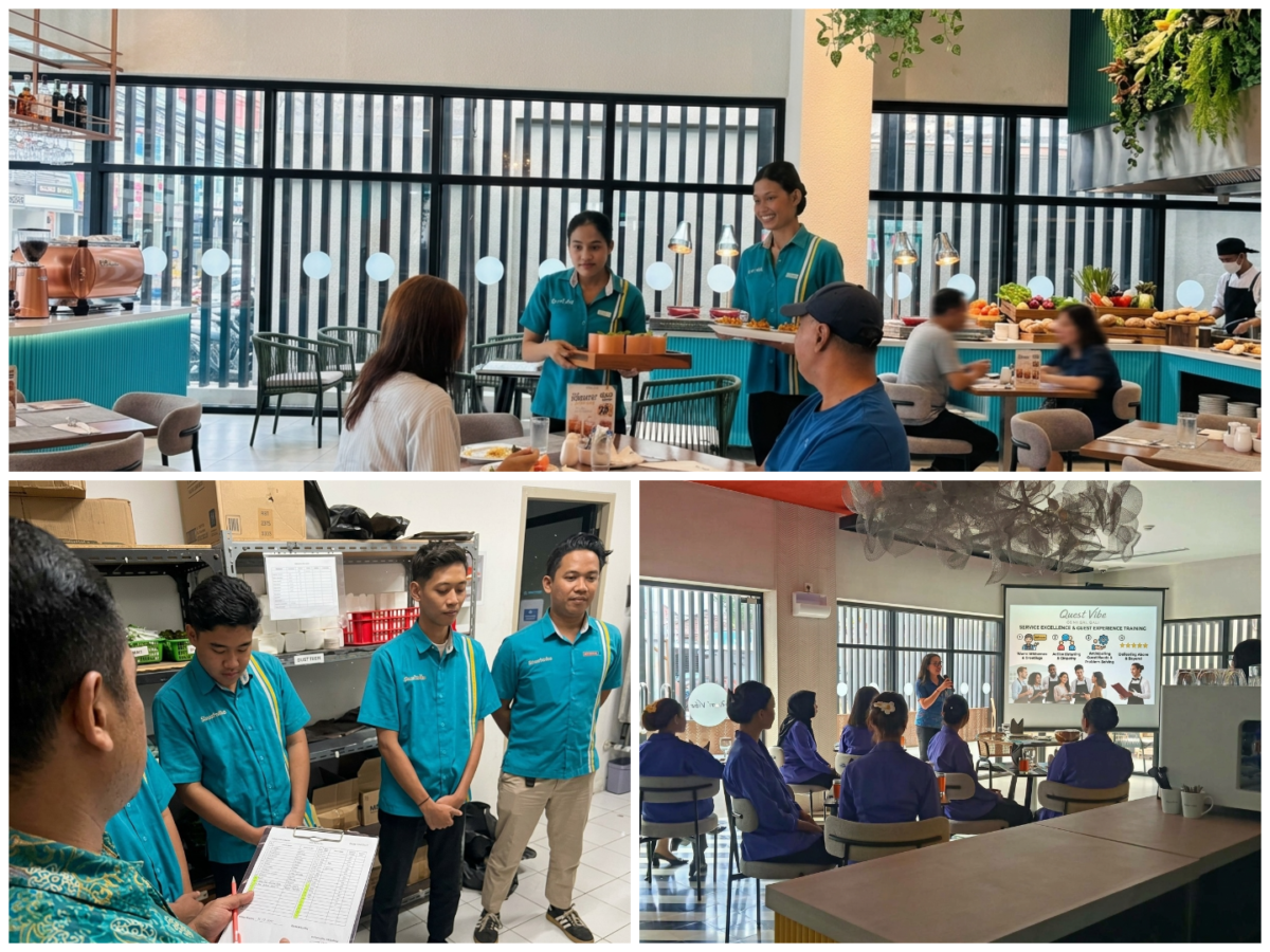 Tim FB service memberikan pelayanan kepada tamu, Hotel Manager memberikan pelatihan kepada adik-adik SMK, Tim briefing sebelum melakukan kegiatan.
